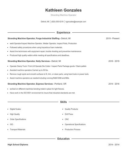 Stranding Machine Operator Resume