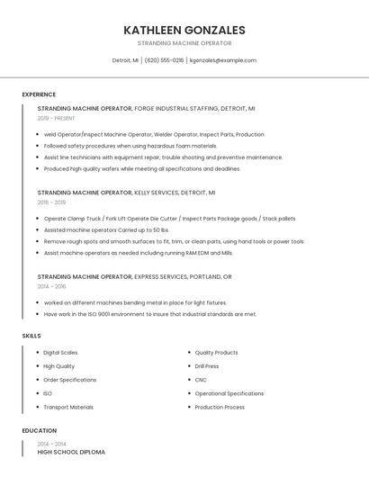 Stranding Machine Operator Resume