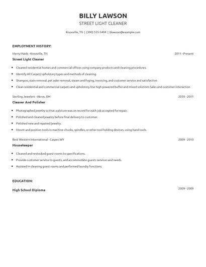 Street Light Cleaner Resume