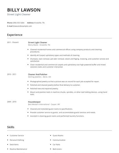 Street Light Cleaner Resume