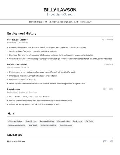 Street Light Cleaner Resume