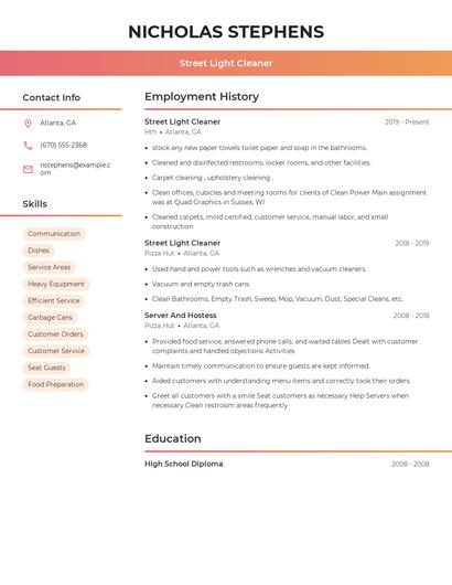 Street Light Cleaner Resume