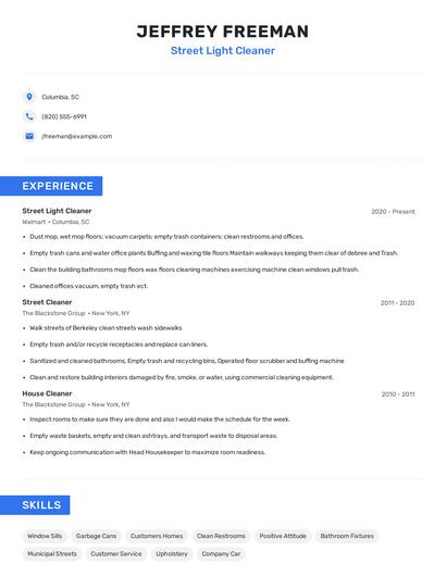 Street Light Cleaner Resume