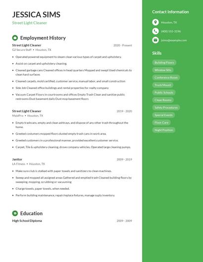 Street Light Cleaner Resume