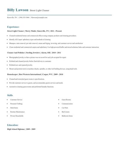 Street Light Cleaner Resume