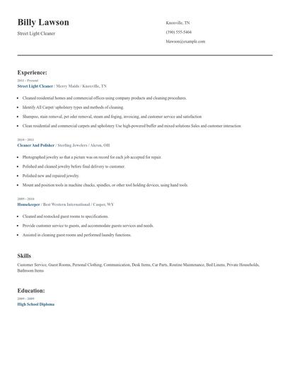 Street Light Cleaner Resume