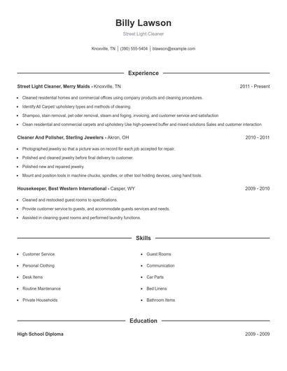 Street Light Cleaner Resume