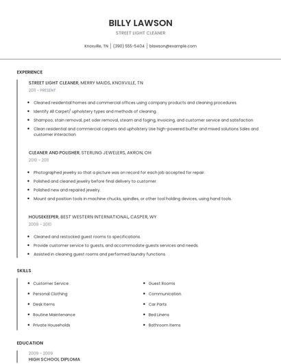 Street Light Cleaner Resume