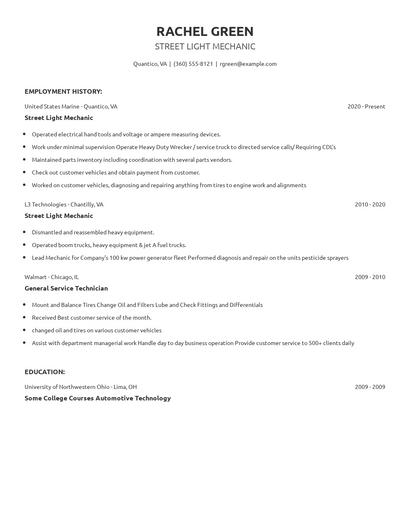 Street Light Mechanic Resume