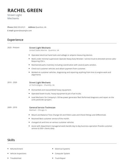 Street Light Mechanic Resume