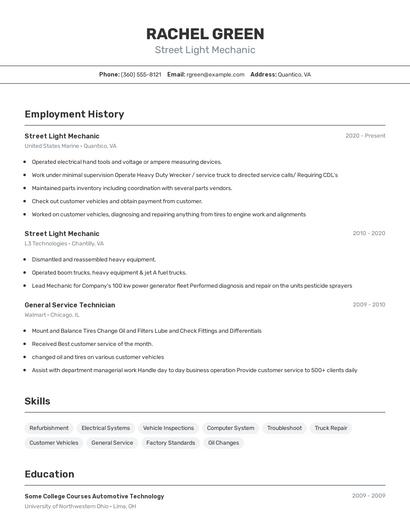 Street Light Mechanic Resume