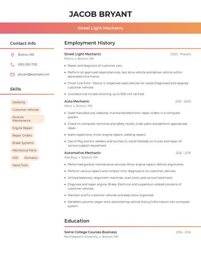 Street Light Mechanic Resume