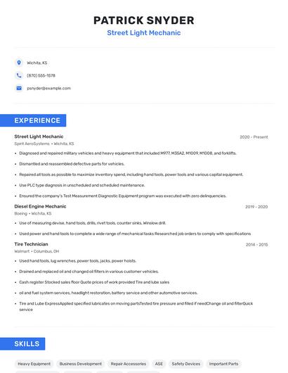 Street Light Mechanic Resume