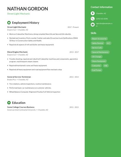 Street Light Mechanic Resume