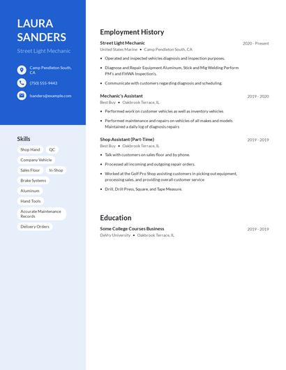 Street Light Mechanic Resume