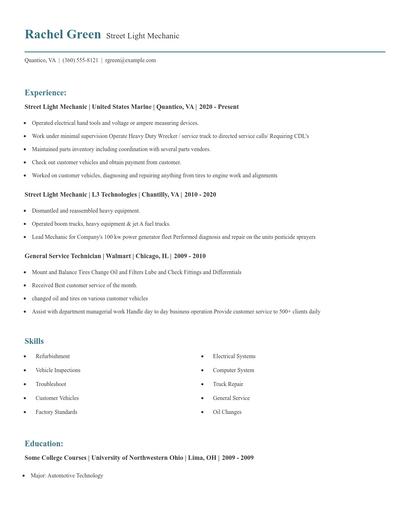 Street Light Mechanic Resume