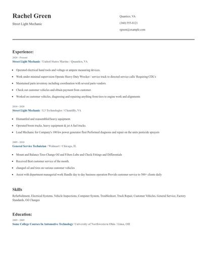Street Light Mechanic Resume