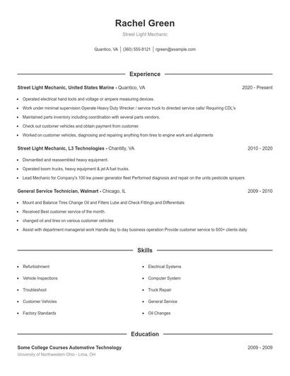 Street Light Mechanic Resume