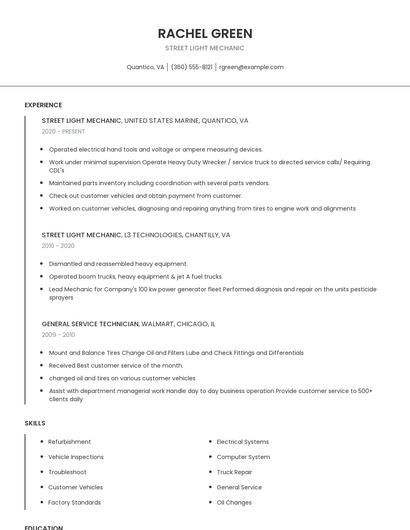 Street Light Mechanic Resume