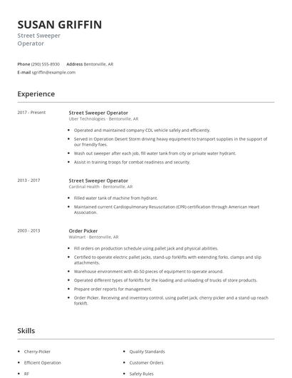 Street Sweeper Operator Resume