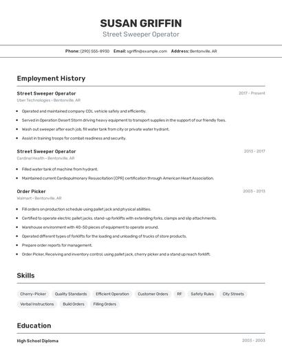 Street Sweeper Operator Resume