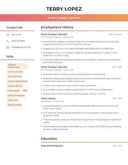 Street Sweeper Operator Resume