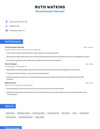 Street Sweeper Operator Resume