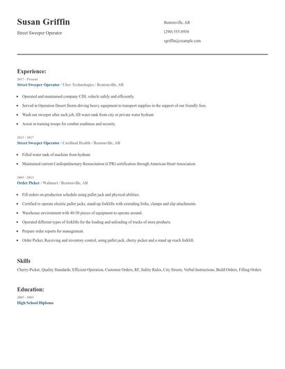 Street Sweeper Operator Resume
