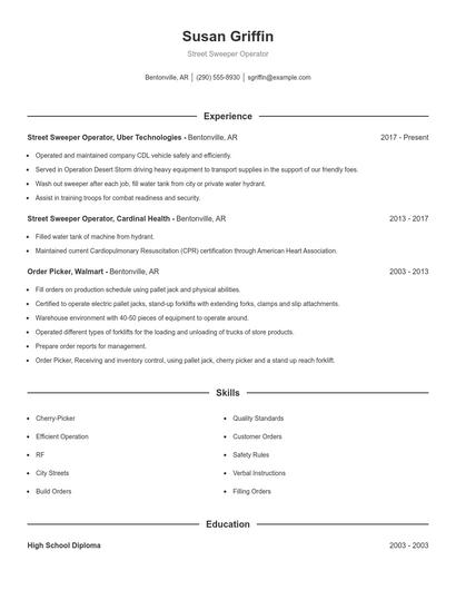 Street Sweeper Operator Resume