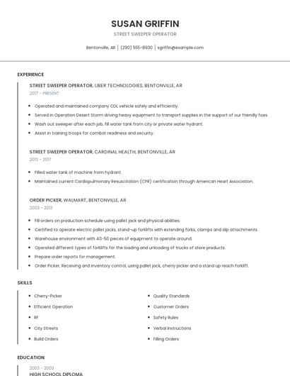Street Sweeper Operator Resume
