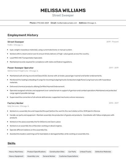 Street Sweeper Resume