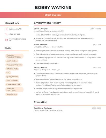 Street Sweeper Resume