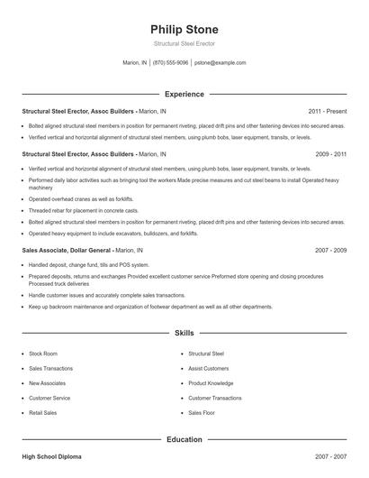 Structural Steel Erector Resume