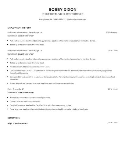Structural Steel Ironworker Resume