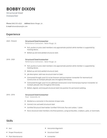Structural Steel Ironworker Resume