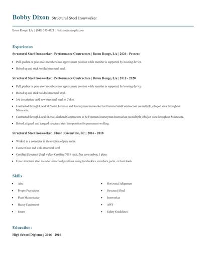 Structural Steel Ironworker Resume