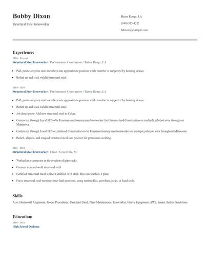Structural Steel Ironworker Resume
