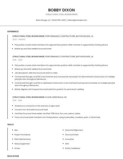 Structural Steel Ironworker Resume