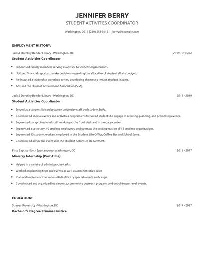 Student Activities Coordinator Resume