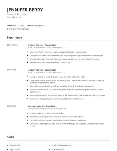 Student Activities Coordinator Resume