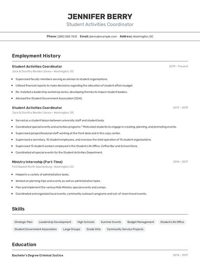 Student Activities Coordinator Resume