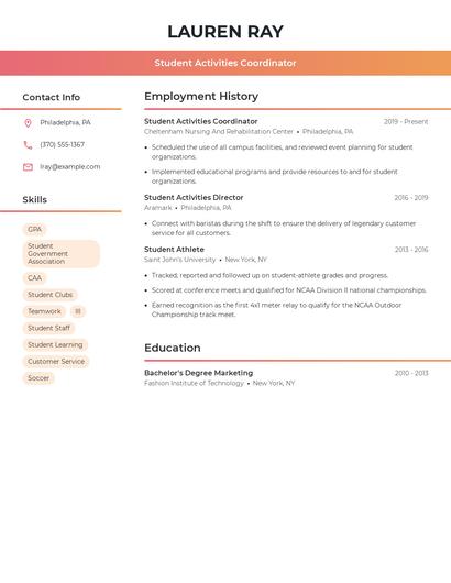 Student Activities Coordinator Resume