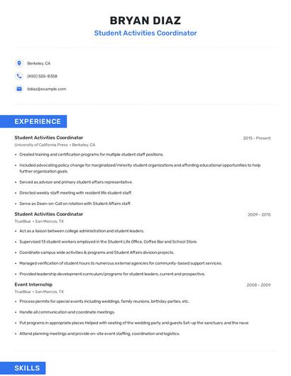 Student Activities Coordinator Resume
