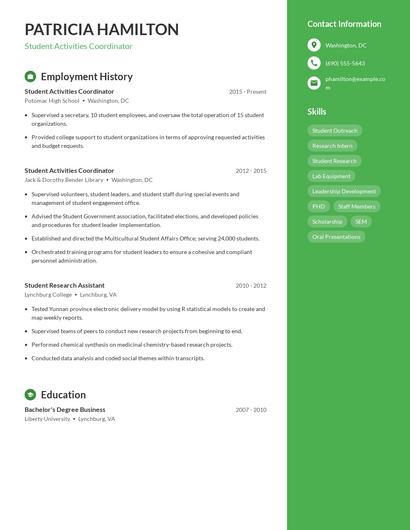Student Activities Coordinator Resume