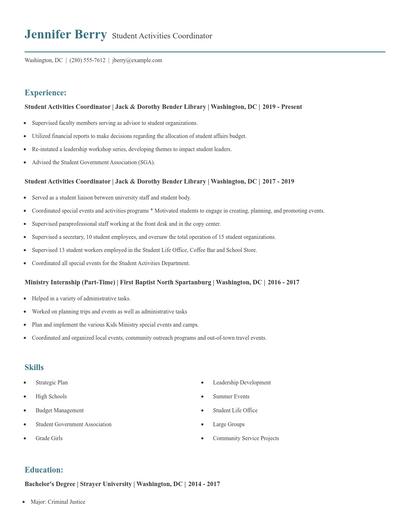 Student Activities Coordinator Resume