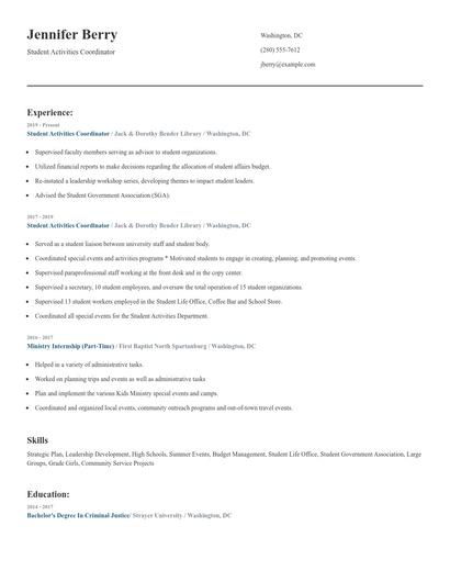 Student Activities Coordinator Resume
