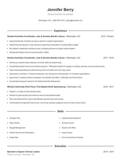 Student Activities Coordinator Resume