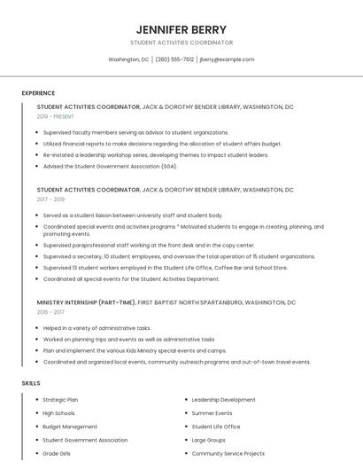 Student Activities Coordinator Resume