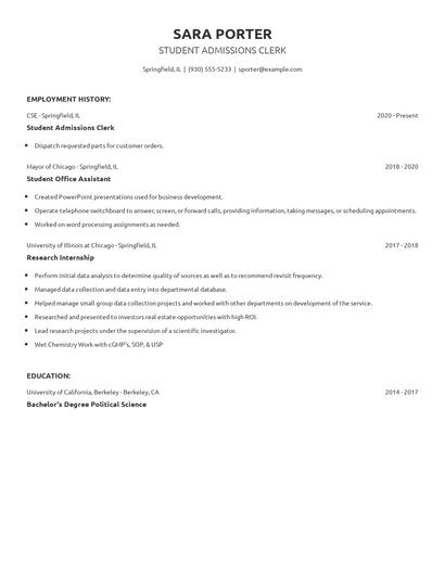 Student Admissions Clerk Resume