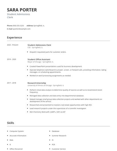 Student Admissions Clerk Resume